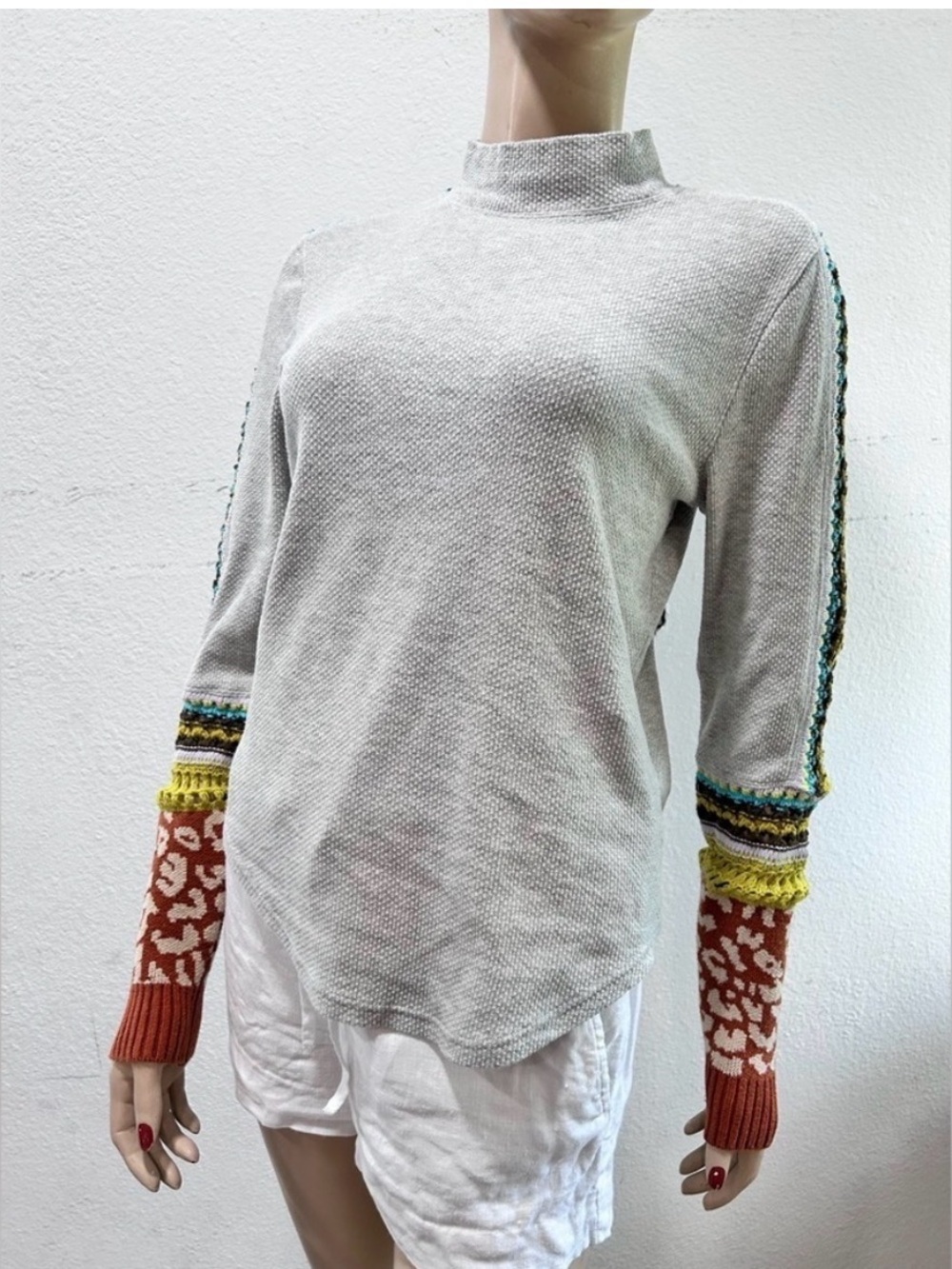 Free people Light Gray Mock Neck Sweater with Colorblock Patterned Sleeves